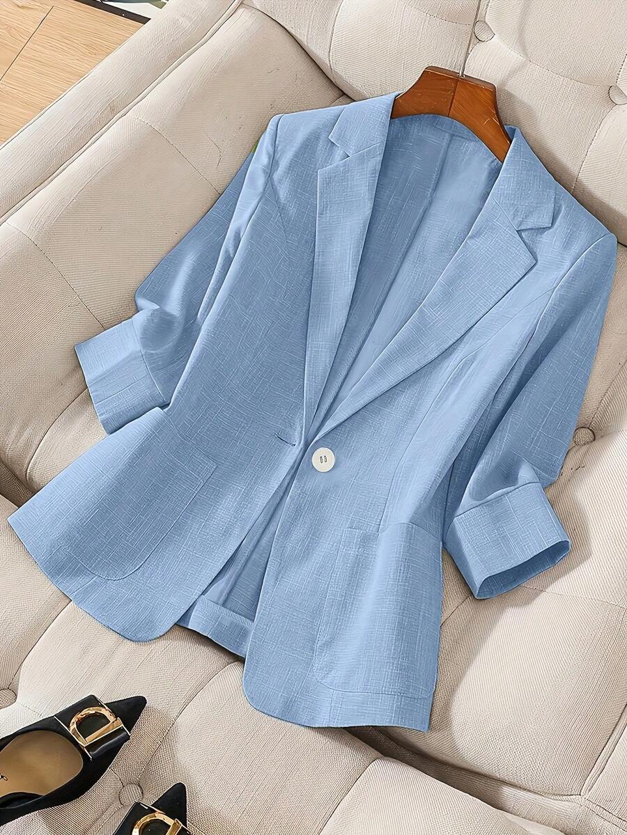 2026 Early Spring Curated Collection Lapel Neck Single Button Blazer For Dailywear Women's Notched Lapel Single-Breasted Minimalist Blazer Half Sleeve H-Line Jacket With Pockets Casual & Office Wear For Spring&Fall Transitional Season Style,Polished Relaxed Commute,Soft Elegant Mix-And-Match,Dual Office-Leisure Wear Short-Sleeve Blazer Silhouette,Textured Lightweight Fabric,Waist-Fitted Single-Button,Rolled-Sleeve Detail Light-Tone Layering,Basic-Item Compatibility,Soft Element Contrast (Blazer + Dress/Casual Wear) - 藍色 - 查看 1