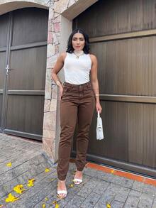 Mon Jeans Pants Without Lycra Women's High Waist Pants Feminine Fashion - 棕色 - 查看 2