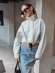 MUMRAP Women Casual Polka Dot Long Sleeve Loose Jacket Autumn Fashion Stand Collar Zipper Coat - trắng - Xem 9
