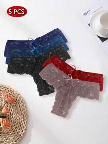 SOFUSEN 5pcs/Set Sexy Lace Bow Lingerie Set, Cute & Playful, Women's Romantic Underwear Set, Sexy Sleepwear - 5 Pcs - View 1