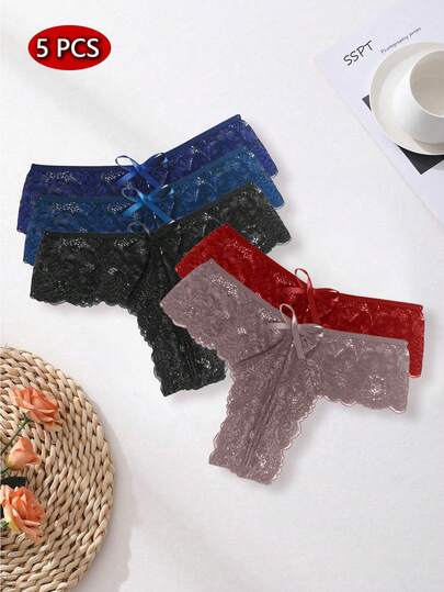 SOFUSEN Conjunto de 5 piezas de lencería sexy con lazo de encaje, lindo y juguetón, conjunto de ropa interior romántica para mujer, ropa de dormir sexy