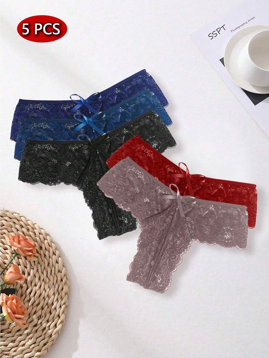 SOFUSEN 5pcs/Set Sexy Lace Bow Lingerie Set, Cute & Playful, Women's Romantic Underwear Set, Sexy Sleepwear - 5 Pcs - View 1