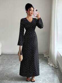 Women's Casual, Elegant, Bohemian-Style Polka Dot Long Dresses With A Conservative Design And Zipper, Suitable For Daily Wear, Commuting, Early Autumn, Autumn And Winter, As Well As Christmas Vacation - Black - View 6