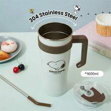 Miniso 系列 1600ml/54.11oz 超大吸管不锈钢杯，动漫卡通便携大容量水瓶，保温杯，咖啡杯 - 褐色 - 查看 3