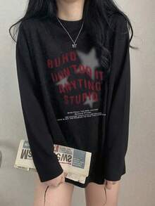 Women's Loose Fit Letter Print Long Sleeve Cotton T-Shirt, Versatile For Spring And Autumn - Black - View 2