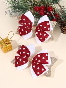 2PCS Christmas Hair Bows Hair Clip Ribbed Duck Billed Clip Color Contrasting Hair Clip For Girls And Teen Fashion Cute Party Hairpins - Multicolor - View 2
