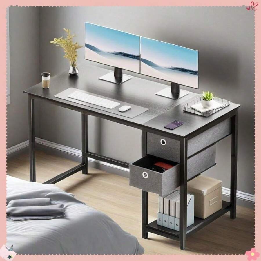 Elegant 40-Inch Wide Storage-Friendly Laptop Desk For Home Office, Sleek Black Computer Desk