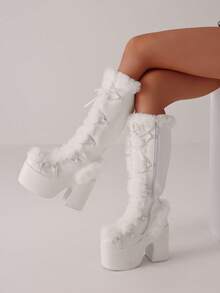 Women'S Y2K Fuzz Goth Knee High Snow Boots Fashion Punk Platform Chunky High Heels Lace-Up Side Zipper Fluffy Faux Fur Fall Winter Boots Woman - 白色 - 查看 5