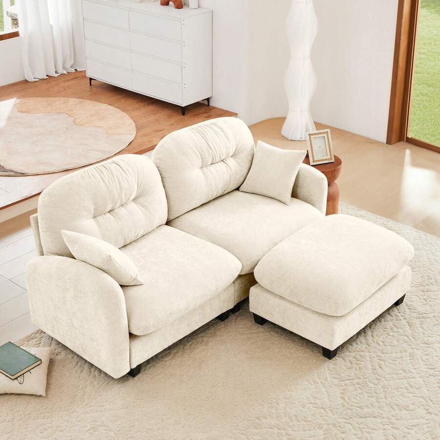 mikibama 74" Chenille Loveseat With Ottoman,Modern Modular Sectional L-Shaped 2 Seater Cloud Sofa With Deep Seat,L Shape Couch With Chaise Lounge Curved Arms For Living Room,Small Spaces,Beige - Beige Loveseat +1 Ottoman - 查看 1