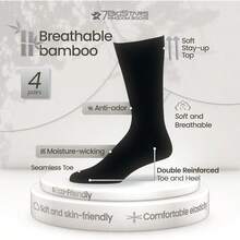 Men's Bamboo Crew Dress Socks 4-Pack, Breathable & Seamless - Black - View 6