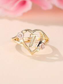 Tsnamer 1枚精美立方氧化锆金色字母心形戒指，26个字母A-Z可定制姓名花朵图案，可调节开口手镯式戒指，适合女性和女孩日常佩戴，生日珠宝礼物 - 金黃色花朵 - 查看 17