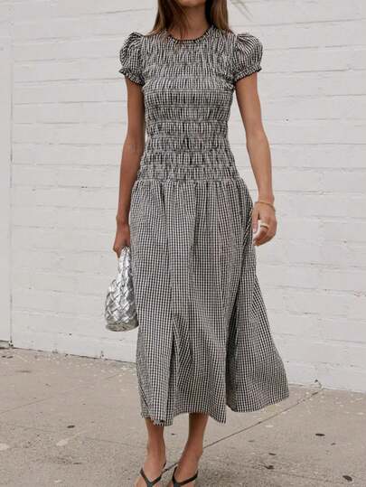 Women's Summer Dresses, Plaid Print Round Neck Short Sleeve Midi Dress For Casual Dailly Street Wear