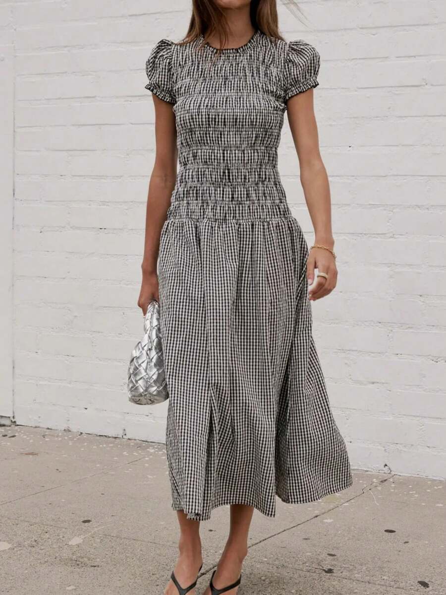 Women's Summer Dresses, Plaid Print Round Neck Short Sleeve Midi Dress For Casual Dailly Street Wear - 黑色 - 查看 1