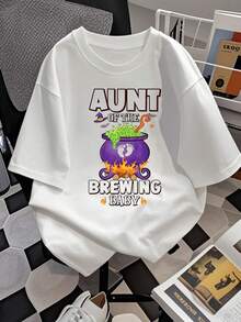 Camiseta gráfica "Brewing Baby Aunt", camiseta para mujer con temática de Halloween, mezcla de algodón suave y cómoda, estampado gráfico único, corte holgado, un regalo ideal para la tía que espera un nuevo miembro de la familia, ropa elegante para uso diario, tela duradera de alta calidad, talla extragrande. - Blanco - Ver 2