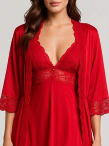 Sensual Nightgown With Lace Finish + Microfiber Robe With Lace PAULA. - Đỏ - Xem 2