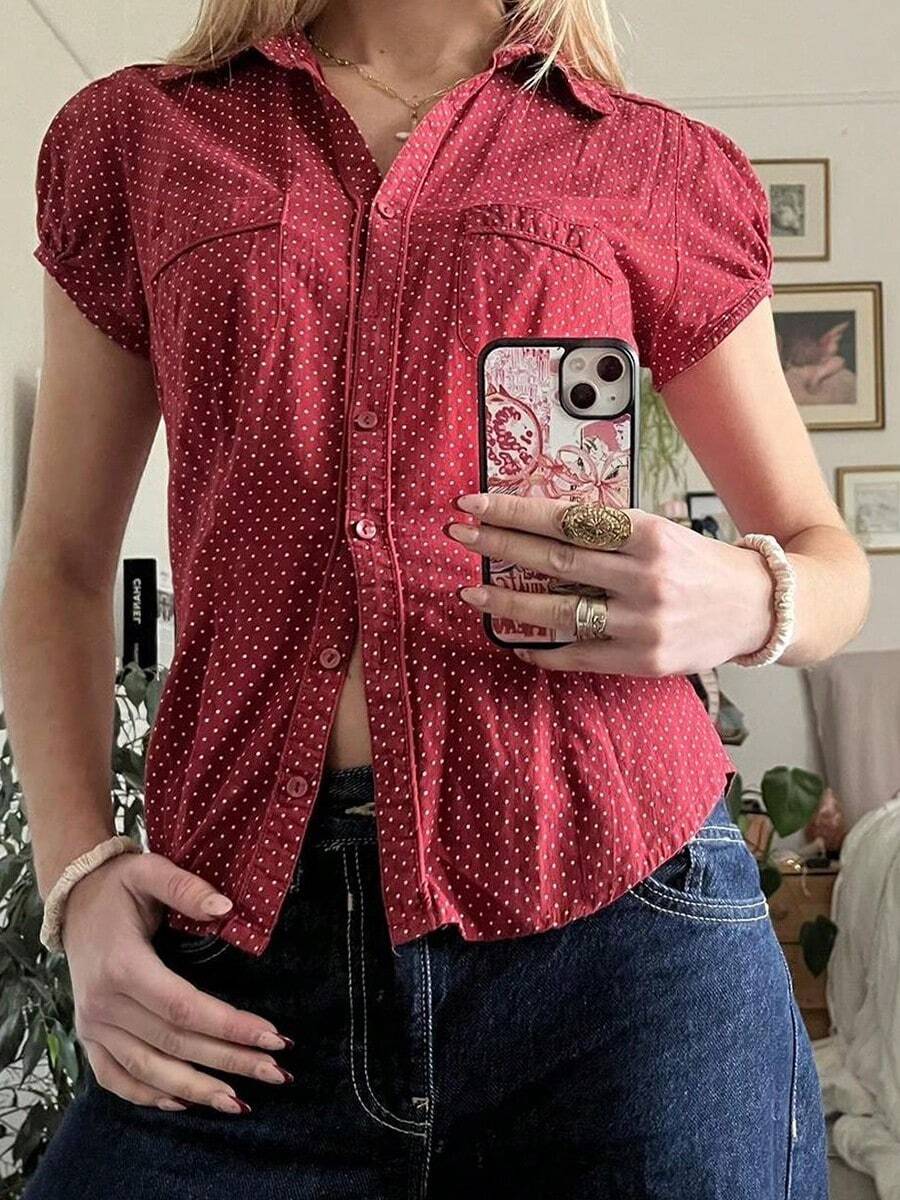 Women's Y2K Polka Dot Printed Short Sleeved Shirt With Collar Buttons, Slim Fit Casual Top, Streetwear - 紅色 - 查看 1