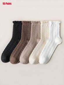 5 Pairs Women's Solid Color Braided Fashion Casual Versatile Mid-Calf Lace Socks, Fall Socks
