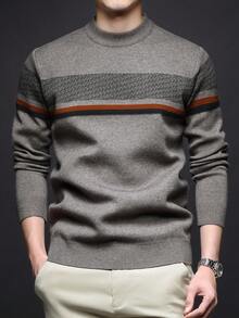 男士厚圆领毛衣，商务休闲提花针织长袖上衣，百搭叠穿单品，格子条纹图案，秋冬