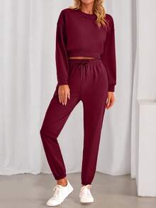 Women Fall 2 Piece Outfits Casual Long Sleeve Crop Top Drawstring Pant Jogger Suit Jumper Sportswear Sweatsuits Tracksuit Matching Set - 酒紅色 - 查看 3