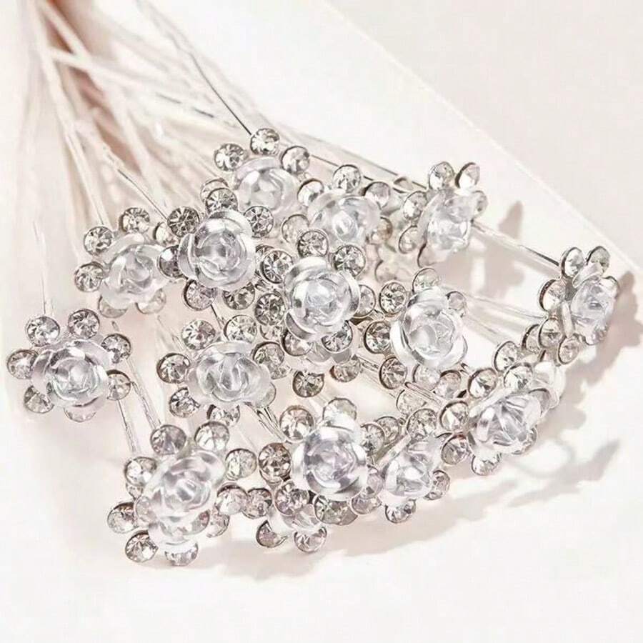 Elegant Rose Flower Hair Clip, Luxury Rose Rhinestone Hair Fork For Wedding Bride, Updo Hairstyle - Silver, Bun Extension, Hair Styling Pins, Looks Of Party