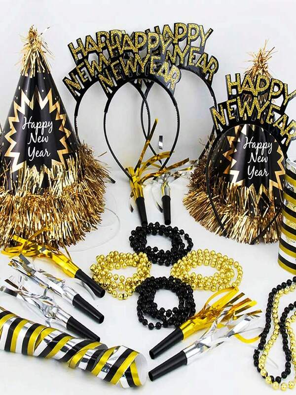 26pcs New Year's Eve Party Supplies, Happy New Year Headband Party Hats And Golden Sparkling Noise Maker Set Golden Paper Cone Hats, New Year's Eve Party Supplies Include Cone Hats, Headbands And Bead Necklaces Party Supplies