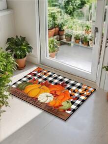1pc Silicone Mud Kitchen Mat, Black & White Plaid With Multicolored Pumpkin & Autumn Leaf Pattern, American Countryside Style, Shock-Absorbing Anti-Fatigue Kitchen Mat, Approx 3mm Thick, Water-Absorbing, Simple Silicone Rubber Mat For Kitchen, Bathroom, Entryway, Laundry Room, Etc. - Multicolor - View 8
