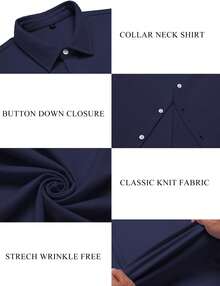 URRU Men's Muscle Dress Shirts Collared Stretch Short Sleeve Casual Button Down Shirts For Men - Màu xanh hải quân - Xem 5