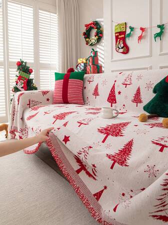 1pc Christmas Thickened Chenille Sofa Blanket, Christmas Decor Winter Warm Sofa Cover, Christmas Tree Pattern Sofa Slipcover, Pet-Friendly Anti-Scratch Sofa Protector, Machine Washable Home Decor Suitable For L-Shaped Combination Sofa And 1/2/3/4 Seater Sofa (Sold Separately), Christmas Gift