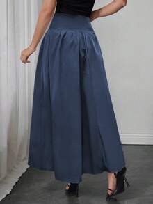 Elegant Women's A-Line Skirt, Suitable For Dates, Student Wear, Daily Travel, Versatile, Casual, Beach And Other Occasions. Elegant And Casual Women's A-Line Skirt, Solid Color, Waist-Shaping, Pleated Design, Woven Fabric, Available In Multiple Colors, Suitable For Outings And Can Also Be Worn As Loungewear. - Navy Blue - View 2
