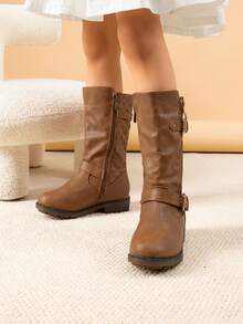 Girls' Knee-High Winter Motorcycle Boots | Faux Fur Lined | Cold Weather Riding - Bronze - View 2