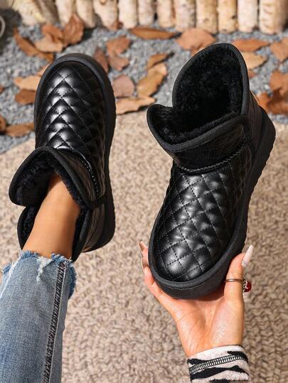 女士格子菱形纯色字母派对学院风学校假期时尚朋克前卫运动街头复古哥特户外新款中国风沙滩休闲西式通勤撞色饰边交叉保暖内衬室内外加大码防滑轻便短靴休闲沙滩假期派对办公室家庭健身房户外冬季一脚蹬黑色雪地靴，毛绒靴