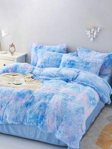 Bộ chăn ga gối đệm bằng vải lông chồn giả nhuộm loang mềm mại và ấm áp 1 món (1 chăn ga gối đệm + 2 vỏ gối), thích hợp cho phòng ngủ và phòng khách, có thể giặt bằng máy - Màu xanh lam - Xem 11