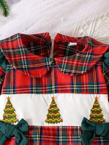 Baby Girls' Peter Pan Collar Cute Striped & Plaid Christmas Atmosphere Fashion Adorable Long Sleeve Bodysuit, Spring/Autumn - Red - View 3