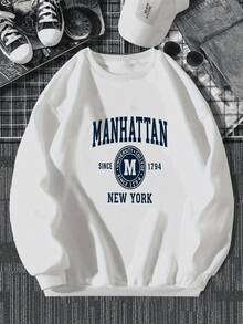 Manhattan University New York Men's Retro Preppy Style Sweatshirt - White With Blue Lettering And An "M" Logo, Cotton Blend Long-Sleeved Crew Neck Pullover, Suitable For Casual Streetwear For College Students And Alumni, Machine Washable Fall/Winter Sweater, Men's Printed Sweatshirt. - 白色 - 查看 2