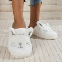 Fall/Winter Women Cat Embroidered Cartoon Ear Decor Novelty Slippers, Preppy White Fabric Slippers,Fluffy Slippers - White - View 11