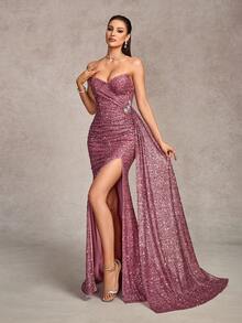 优雅宴会礼服，正式婚礼宾客晚礼服，女士正式场合派对/舞会、毕业典礼礼服 - 淺灰紫 - 查看 5