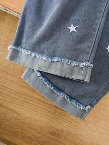 2pcs Girls Autumn/Winter Denim Set, Fashionable Cartoon Character Print Long Sleeve Shirt + Five-Pointed Star Embroidery & Frayed Hem Jeans, Casual & Versatile