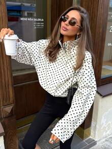 MUMRAP Women Casual Polka Dot Long Sleeve Loose Jacket Autumn Fashion Stand Collar Zipper Coat - trắng - Xem 4