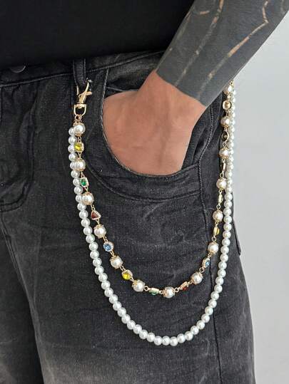1pc Vintage Pearl & Colorful Crystal Waist Chain, Multi-Layer Metal Waist Belt, Hip Hop Accessory