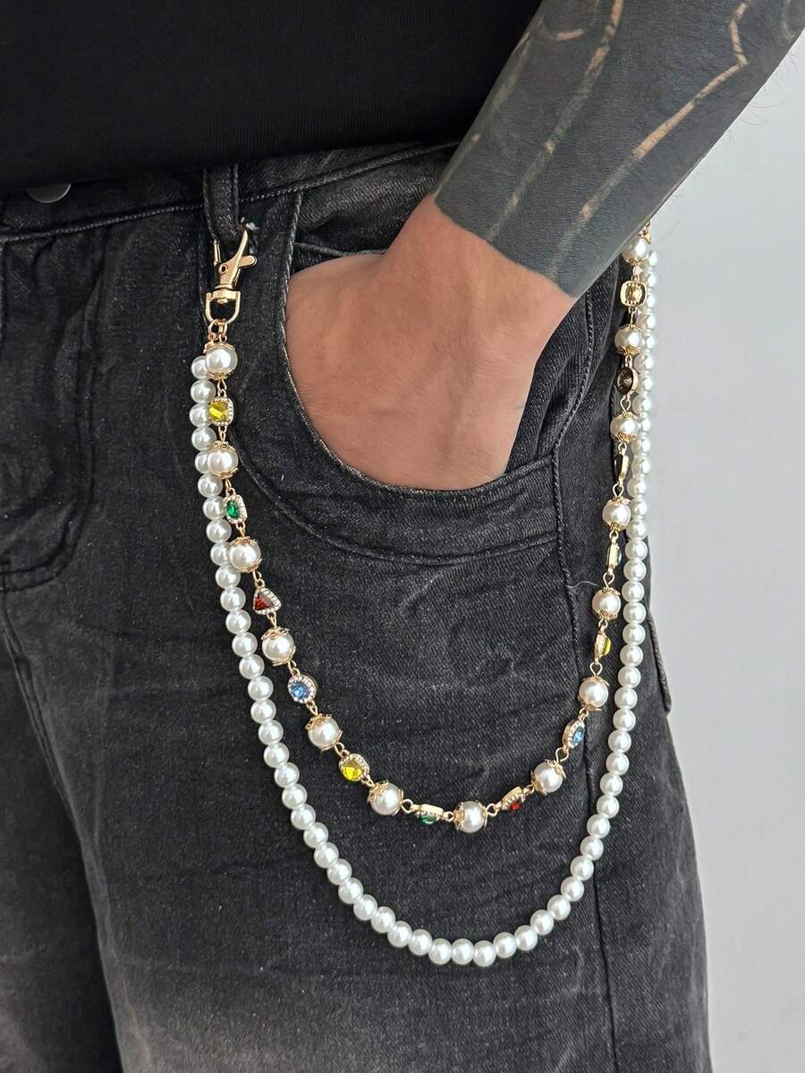1pc Vintage Pearl & Colorful Crystal Waist Chain, Multi-Layer Metal Waist Belt, Hip Hop Accessory - 01966 - View 1