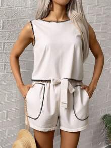 Conjunto de 2 piezas informal de verano de mujeConjunto de top y shorts de unicolor para damas, perfecto para vacaciones/tiempo libre - Blanco - Ver 6