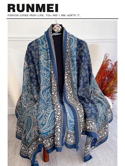 1 件女士优雅复古印花短流苏围巾/头巾，时尚日常穿着