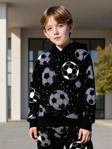 2pcs/Set Boys' Football Print Hoodie Sweatshirt And Casual Sweatpants Outfit, Comfortable And Stylish For Outdoor, Spring/Autumn - Black - View 4