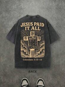 Retro Washed T-Shirt Double Sided Printed (230 Pure Cotton T-Shirt) 'JESUS PAID IT ALL' Letter And Cross Pattern Print, Christian Gift, Men's T-Shirt, Men's Casual, Comfortable, Fashionable T-Shirt, Street Style Cotton Unisex ST Patrick' S Day Plus Size Top - 黑色 - 查看 2