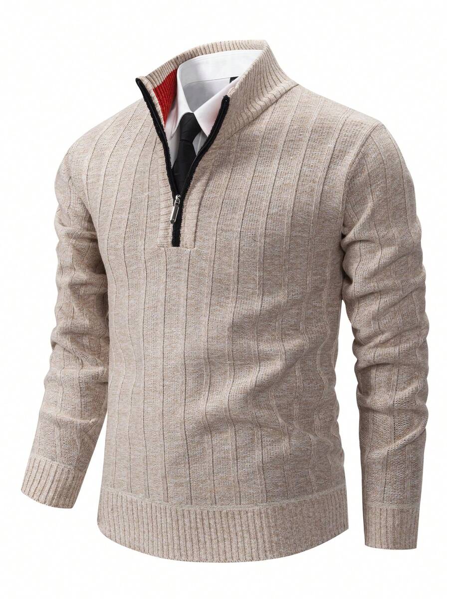 Men's Sweater Knitted Top Long-Sleeved Pullover Autumn And Winter Plus Velvet Thick Warm Sweater Zipper Half Cardigan No Hood Stand Collar Solid Color Home Clothes Casual Hiking Sports Wear - Màu be - Xem 1