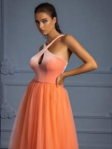 VIPGIRL A-Line Backless Velvet Mesh Formal Dress - Women's Long Formal Evening Gown - Orange - View 6