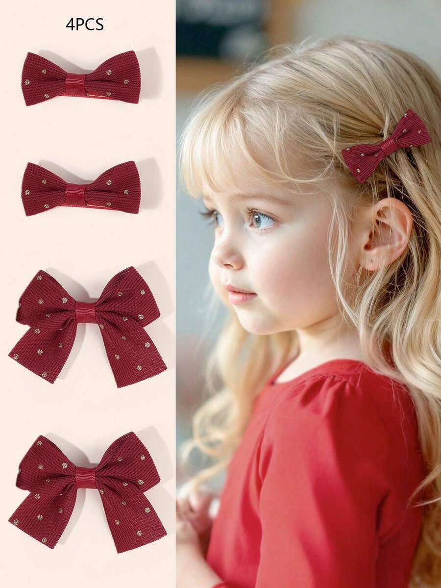 4pcs Red Fabric Bow Hair Clips For Girl, Pastel Colored Hair Bows Decor With Golden Polka Dot, Soft Daily Wear Hair Barrettes, Sweet Girls Hairpins, Teens Hair Accessories