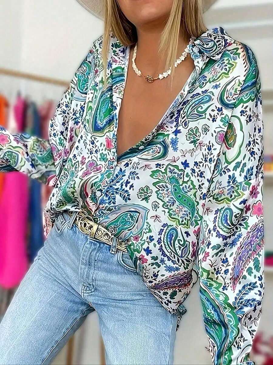 Plus Size Women's Full Body Printed Half Open Collar Long Sleeved Shirt With A Lapel Collar - 多色1 - 查看 1