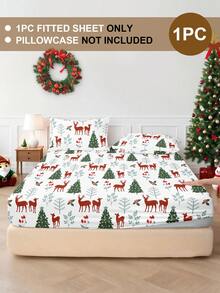 1pc Christmas Bow Reindeer Christmas Tree Print Fitted Sheet, Bedding, Fitted Sheet, Mattress Cover, Soft Comfortable Bedroom Mattress Protector, Fitted Sheet Only, Machine Washable - Multicolor - View 2