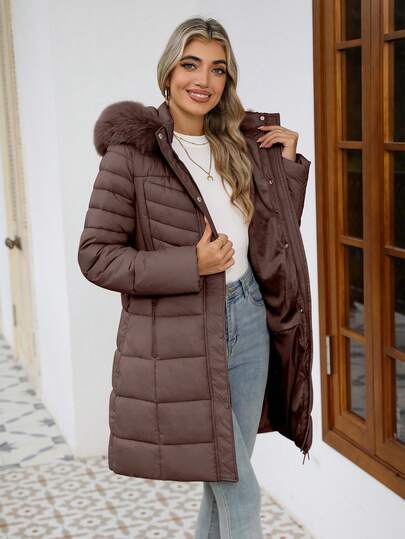 Giolshon Women's Fashionable Portable Down Jacket With Faux Fur Collar And Hood, An Essential Warm Outerwear For Autumn/Winter
